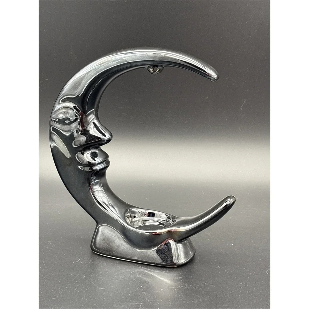 Vintage 90s Whimsigoth Metallic Black Ceramic Crescent Moon Sphere Stand/Candle